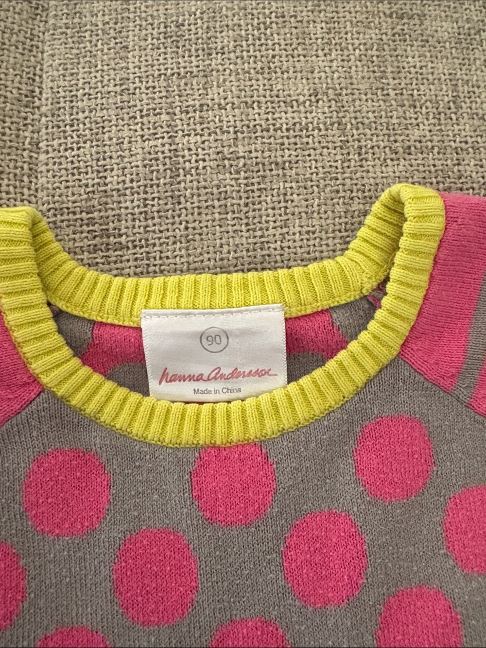 Hanna Andersson Gray Knit Dress with Pink Polka Dots and Yellow Trim